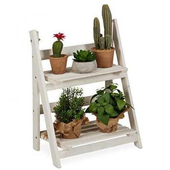 Estantería Escalera para Plantas, Interior y Balcón, Diseño Shabby-Chic, Plegable, 2 Niveles, Blanco - Relaxdays