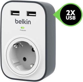 Belkin BSV103 SurgeCube - Protección contra sobretensiones con un zócalo y 2 puertos de carga USB con un total de 2.4 A, blanco