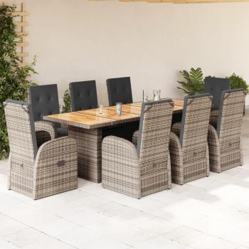 Set Comedor Jardín 9 Piezas con Cojines de Polyrattan Gris