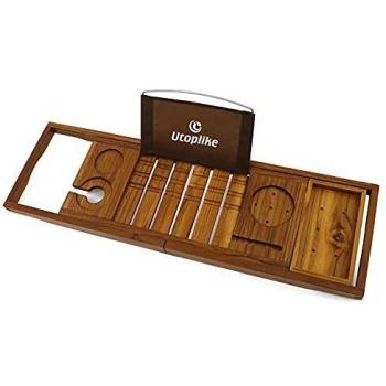 Bandeja de baño ajustable de madera Utoplike con soporte móvil para vino y extensión de teca