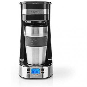 Nedis Cafetera Cafetera de Una Taza | Taza Portátil de Doble Pared | 0,42 L | Temporizador Negro/Plata 0.80 m
