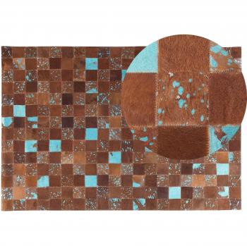 Alfombra de Piel de Vaca Marrón y Azul 140 x 200 cm Hecha a Mano