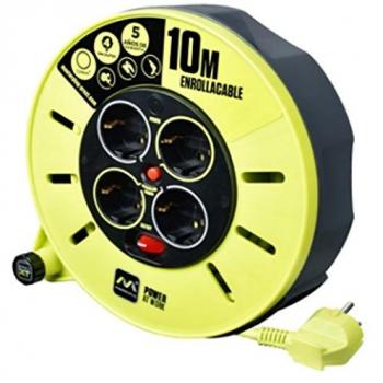 Masterplug Pro-XT Enrollacable 10m, Alargador 4 Eschufes Schuko, Extension Electico 3000w Gris / Verde