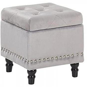 Puf con almacenaje de terciopelo gris claro Loretto 37 x 37 cm con tachuelas y botones