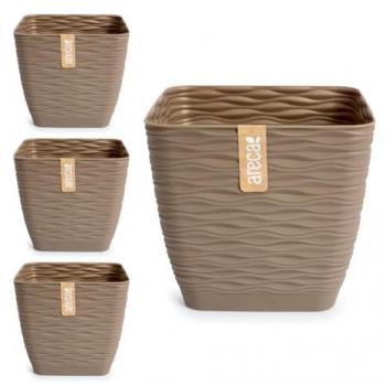 Set de 4 Macetas Decorativas Cuadradas de 19 cm con Platos Integrados - Color Taupe