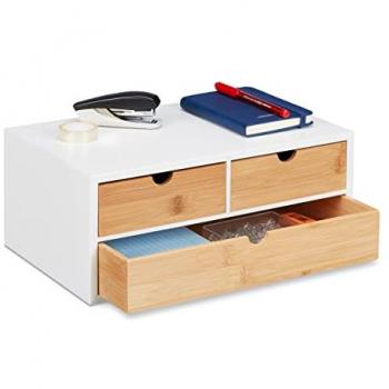 Organizador de Escritorio con 3 Cajones, Almacenamiento para Material de Oficina, Bambú y MDF, 14x33x21 cm, Blanco/Natural - Relaxdays