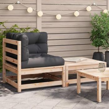 Sofá de jardín de esquina con cojines y reposapiés, color natural y negro, estructura de madera de Douglas impregnada para resistencia exterior, incluye conjunto completo para terraza
