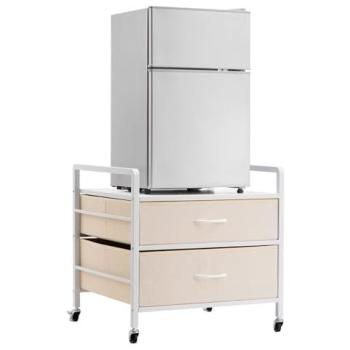 Soporte para Mini Nevera con Almacenamiento, Capacidad de 80 kg, Mesa con 2 Cajones y 4 Ruedas Giratorias, Blanco
