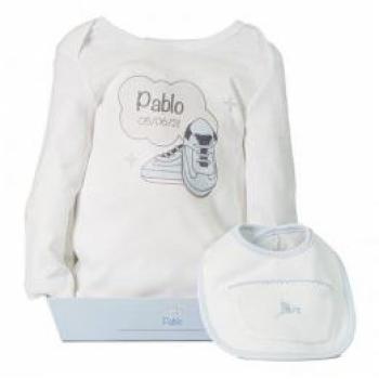 Canastilla personalizada Bebé de París - Babero con bolsillo delantero y body azul