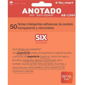 Bloc de Notas Adhesivas Transparentes Acetato 76x76mm Naranja 50 Hojas Removibles