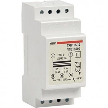 Transformador Modular Vemer 15VA 4-8-12V para Instalación en Riel Din, Color Blanco