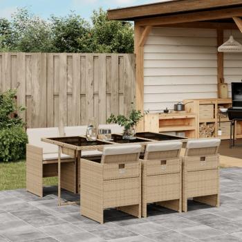 7-Piece Beige Poly Rattan Garden Dining Set with Cushions