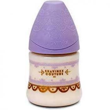 Suavinex - Biberón Bebé Premium Haute Couture. Tetina Redonda Silicona Flujo Lento, 150ml. Biberón +0 Meses. 0% BPA. Diseño Étnico Color Morado