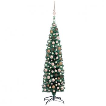 ?rbol de Navidad artificial delgado LEDs y bolas verde 150 cm