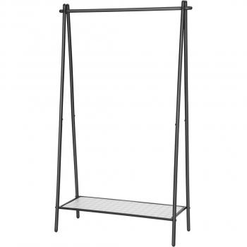 Perchero para ropa SONGMICS, estructura de acero, con barra colgante y estante inferior, dimensiones 33,5 x 92,5 x 153 cm, acabado en negro mate/plata, ideal para dormitorio, vest
