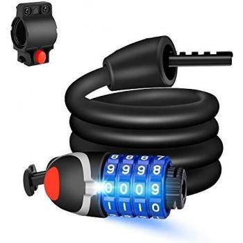 Winzwon Candado Bicicleta 1.5M, Candado de Bicicleta con Código de 4 Dígitos con Luz de Noche LED, Candados para Bicicletas Cadena Bicicleta Para Motocicleta, Portón, Valla, Scooter, Bicicleta