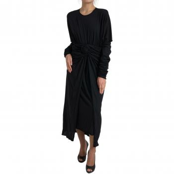 Black Sheath Midi Gown Wool Wrap Dress