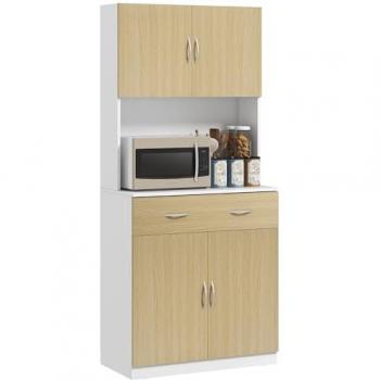 Alacena de cocina Homcom, armario de cocina con puertas, cajón y estantes ajustables, antivuelco para comedor/salón, dimensiones 80x40x180 cm, color natural y blanco