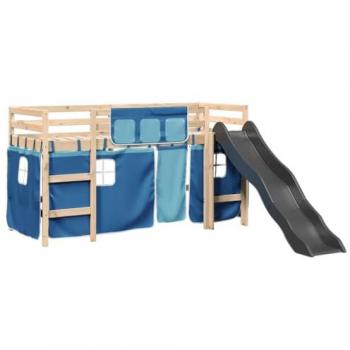 Cama alta para niños con cortinas de madera de pino azul 90x190 cm