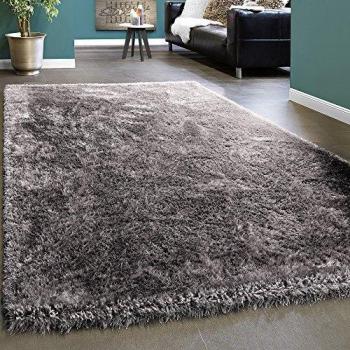 Alfombra Shaggy Elegante de Pelo Largo Monocolor Suave Brillante en Gris Claro 200x290 cm
