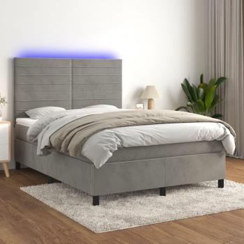 Cama box spring con colchón y LED de terciopelo gris claro 140x200 cm