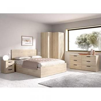 Conjunto de Dormitorio VASA con Canapé y Armario en Roble Natural, incluye canapé, 2 mesitas de noche, cómoda y armario