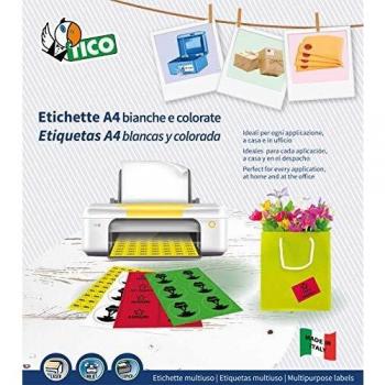 Tico A4-mix. Surtido etiquetas blancas y fluorescentes para la officina.10 hojas, mix 10 formatos