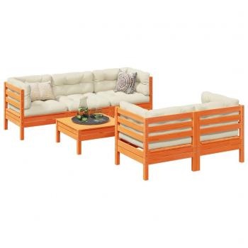 6-Piece Wax Brown Solid Pine Garden Sofa Set with Cushions