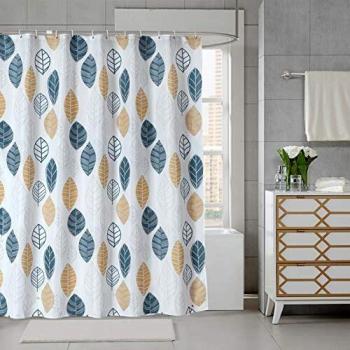 JRing Cortina de Baño Cortina Ducha 180x180 cm, Tela Resistente al Moho, Resistente al Agua con 12 Anillas Blancas, Hojas Amarillas