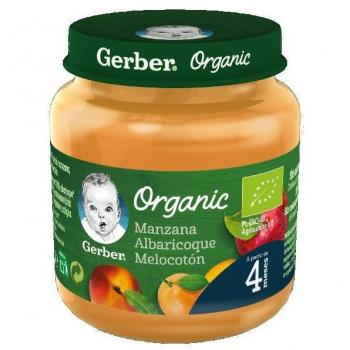 Gerber Organic Manzana, Melocotón y Albaricoque Puré para Bebés +4 Meses 1 Tarrito 125g