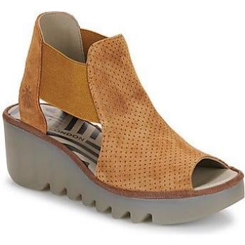 Cognac Suede Wedge Peep Toe Sandals for Women - Fly London Biga 412