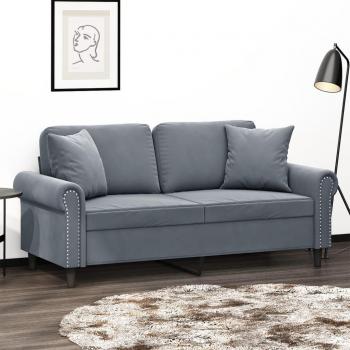 140 cm Dark Grey Velvet 2-Seater Sofa with Throw Pillows