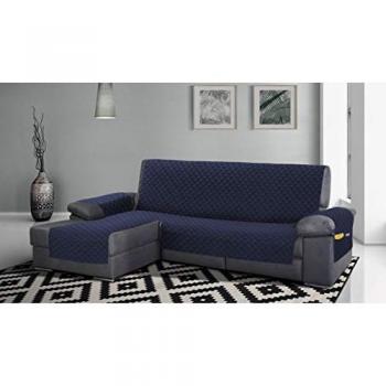 Funda Cubre Sofá Acolchado Reversible con Bolsillos - Marino/Gris, Chaiselongue, 2 Tamaños (240cm y 280cm)