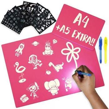 Pizarra Magica Infantil Rosa A4 y A5, 6 Plantillas, 2 Bolis Espía - BONNYCO | Juguetes Niña 3 4 5 6 7 8 9 10 Años | Pizarra Magica con Luz, Regalos y Juguetes para Niñas Cumpleaños y Navidad