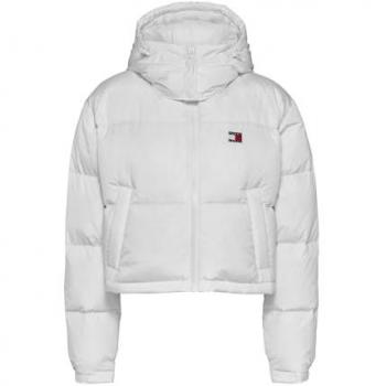 Tommy Jeans Women's White Cropped Alaska Puffer Jacket with Logo Embroidery, Size M