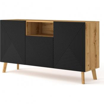 Cómoda LUXI 3D de 146 cm en roble artesanal y negro mate, con parte frontal fresada en MDF, patas de madera maciza y aparador con 3 puertas