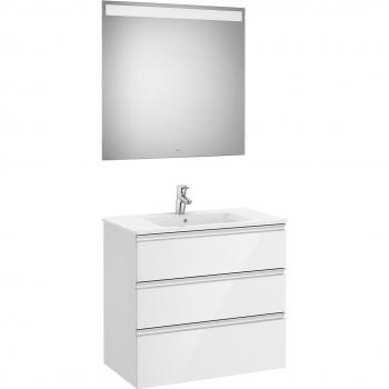 Conjunto de baño The Gap de Roca con mueble suspendido de 80 cm, lavabo de porcelana y espejo LED en acabado blanco brillo