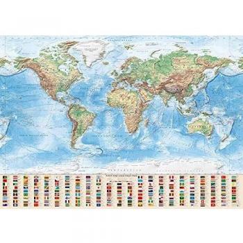 J.Bauer Karten Mapamundi topográfico, 140x100 cm, con Banderas, en Inglés, edición de 2019