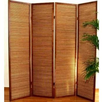 Biombo de 4 paneles marrón en madera y bambú 176x175 cm