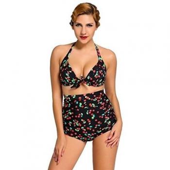Impresión de la cereza oscuro Cintura Alta Bikini Bañador Tamaño 8 - 10