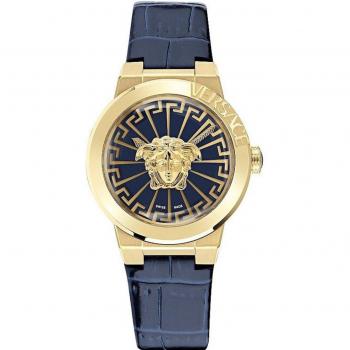 Versace VE3F00122 Women's Blue Strap Wristwatch, Ladies Medusa Infinite Watch, Blue Leather Medusa Infinite Watch, Yellow female, Sizes: ONE SIZE