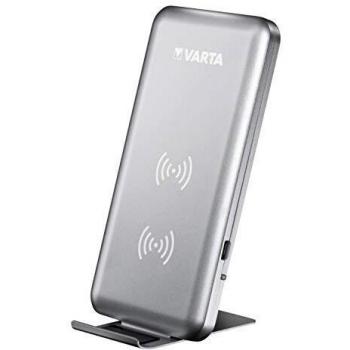 Varta Fast Wireless Charger con función de Carga rápida de 10 vatios, Compatible con Qi, tecnología de Doble Bobina, Carga los Smartphones Horizontal y verticalmente, Plata