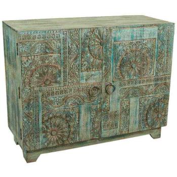Consola de Madera Tallada Azul Acabado Artesanal 99x40x80 cm