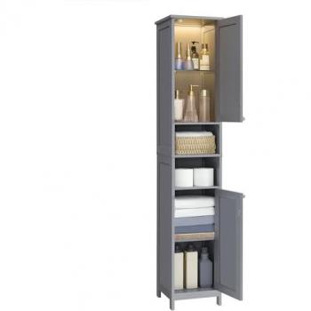VASAGLE Armario de Baño Alto con Iluminación, Almacenaje Delgado, Estantes Ajustables, Compartimentos Abiertos, Ideal para Espacios Pequeños, Moderno, Gris Paloma BBC566G03