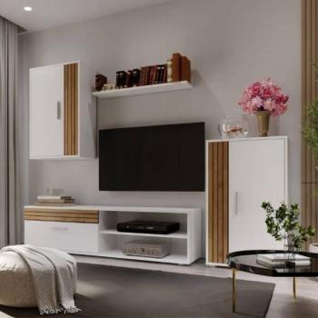 Mueble de Salón Comedor Koln Estilo Nórdico con Armarios y Mueble TV en Color Blanco Mate y Roble Tablilla, Medidas 190 cm