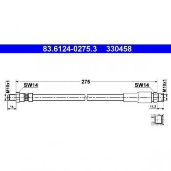 Latiguillo de freno ATE 83.6124-0275.3 con características de alta resistencia, diseñado para sistemas de frenos, compatible con múltiples modelos de vehículos y fabricado con materiales duraderos que garantizan un rendimiento ópt