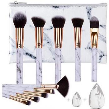 HEYMKGO Juego de brochas de maquillaje profesionales de mármol, sintéticas naturales suaves y sin olor, 10 unidades + 2 esponjas + bolsa de cosméticos con patrón de mármol