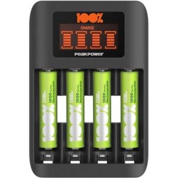 PeakPower Cargador de Pilas AAA y AA Super Rápido con 4 Pilas Recargables AAA de 1000mAh