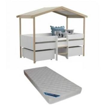 Cama infantil Sarosi con cajones - 90 x 190 cm - Tilo - Blanco y Roble + Colchón