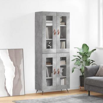 Aparador alto de madera contrachapada gris hormigón 69,5x34x180 cm con 2 puertas de cristal, mueble de almacenaje para salón, buffet y armario auxiliar